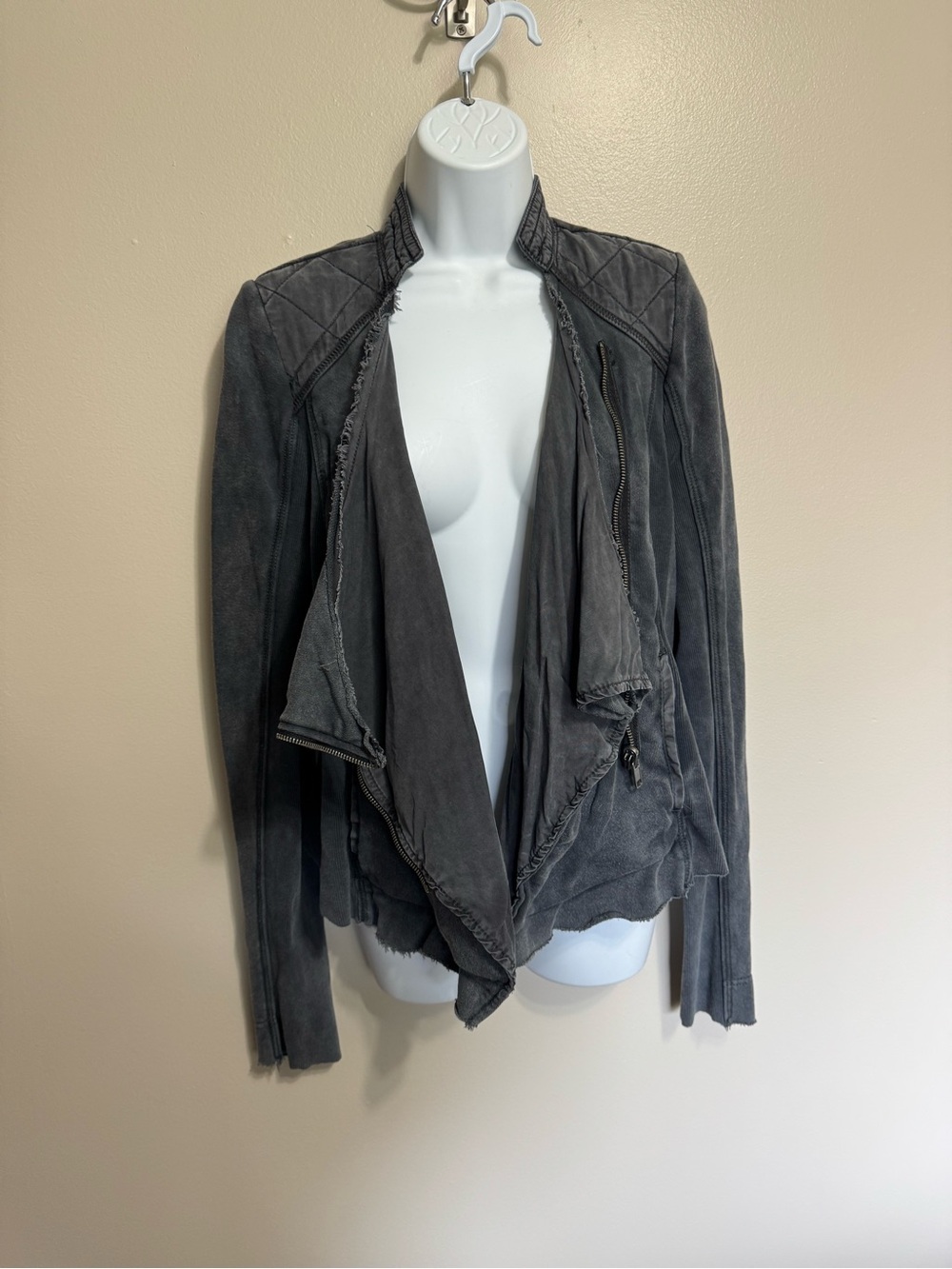 Free People Washed Charcoal Asymmetrical Draped Leather Jacket